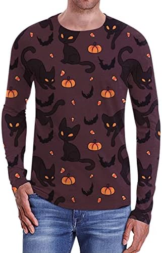 Gdjgta Mens Mase Casual Casual Halloween Crew вратот 3D дигитално печатење со долги ракави маица кошула кошула за компресија кошула