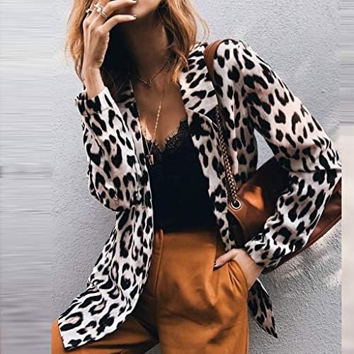 2021 женски блејзери обични долги ракави леопард печати модна јакна драпена отворена предна тенка фит лапел есен зимски палта