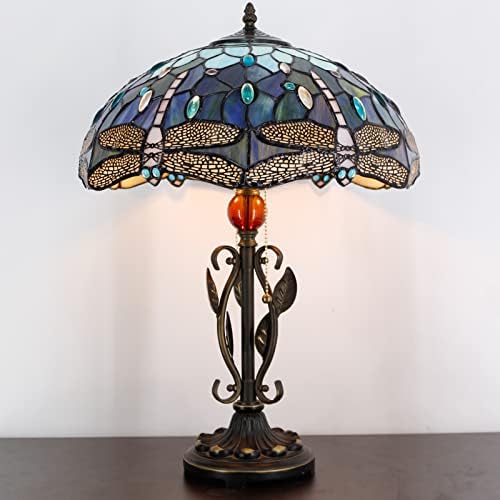 Avivadirect Tiffany Larm Sea Blue Slaked Glass Dragonfly Table Lamp 16x16x24 инчи Антички железо метални лисја меморија Тифани стил Стил за спална