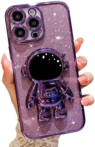 MANLENO Галванизиран за Iphone 14 Pro Max Случај За Жени Девојки Астронаут Скриени Стојат Случај Со Заштита На Камерата Преклопен Астронаут Kickstand Телефон Случај Сјајот Мека З