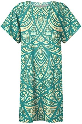 Летни фустани за жени 2023 година лабава разделена лилјак со кратки ракави екипаж на вратот на вратот на вратот Обичен плажа печатена маица