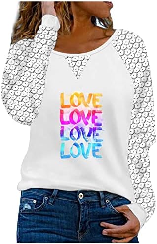 Loveубовни графички маички за жени за жени Денот на в Valentубените, облечен моден чипка, спојување на долги ракави, врвни блузи