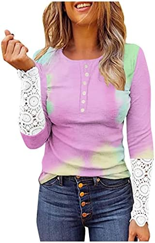 Тенок фит Хенли кошула женска чипка со четкичка со долги ракави, полу -копче нагоре, облечена блуза мода во боја блок Туника врвови