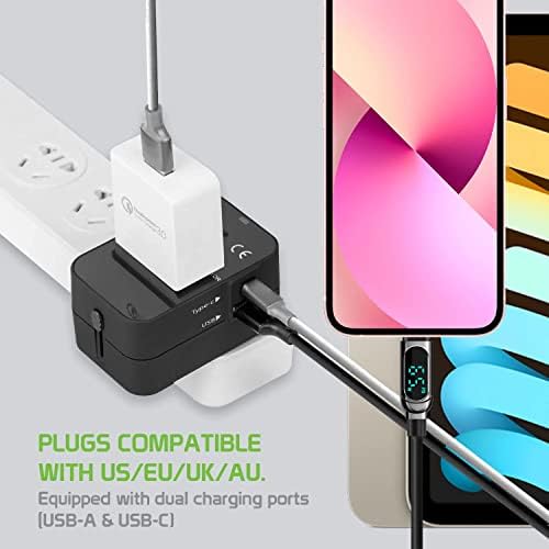 Travel USB Plus Меѓународен адаптер за напојување компатибилен со Smartron T.Phone за светска моќност за 3 уреди USB TypeC, USB-A за