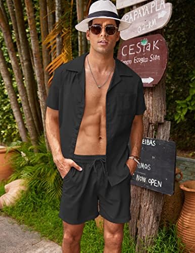 Coofandy Man's 2 Piects Short Setts Casual Corduroy копче надолу со кошули ги постави летните облеки на плажа со џебови