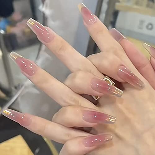 Fuldgaenr Press на ноктите долги француски розови лажни нокти злато сјајно ковчег лажни нокти Акрилни нокти лепак на ноктите Вештачки статички нокти за жени и девојчиња 24