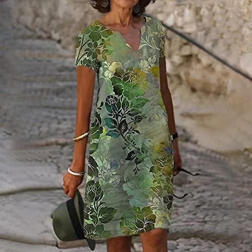 Флорална маица фустан за жени лето V вратот со кратки ракави фустани случајно лабаво вклопување колено должина фустан печатење