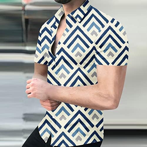 Кошули со копче за мажи, модни 3Д печати кратки ракави врвови трендовски тенок фит маички блузи лапел геометриски фустан кошула