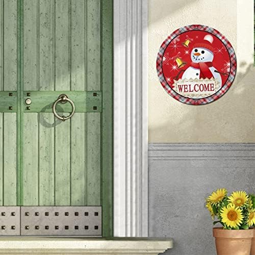Тркалезен метален знак Плакета добредојде Зимски Божиќ Снежен човек Божиќен венец знак Метал Уметнички отпечатоци рустикален паб врата знак за