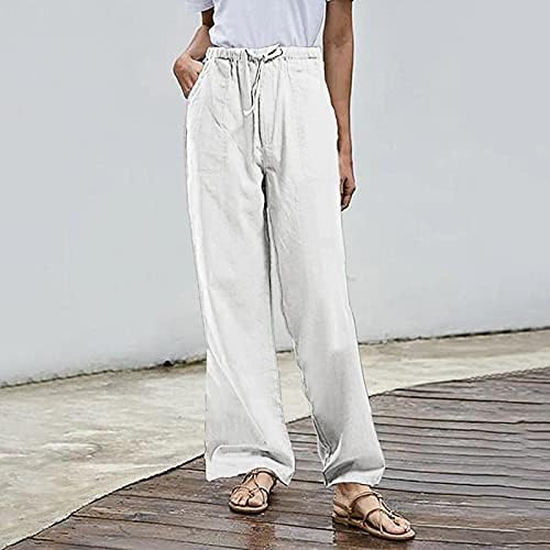 Женски постелнина панталони лето висока половината цврста боја лабава широка панталони за нозе Обични панталони за јога на плажа со џебови