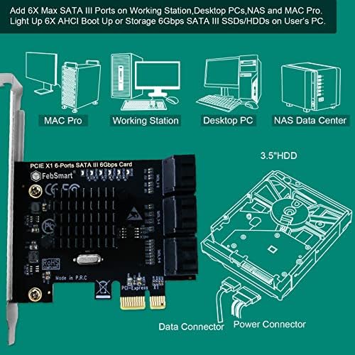 Febsmart PCIE 3.0 X1 до 6-порта 6Gbps MAX SPED SATA III EXPANSION CART, приклучок и репродукција на Windows OS, Mac OS и Linux Systems, Asmedia