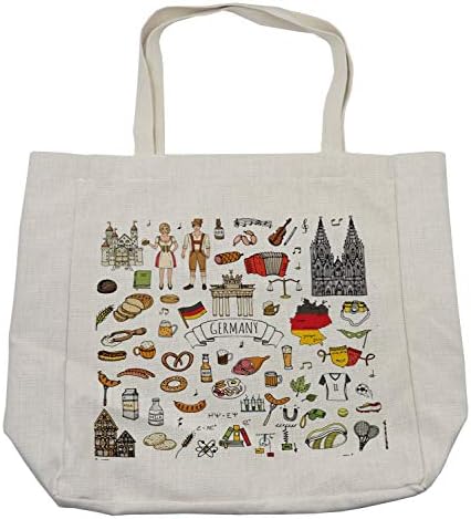Германска торба за купување на Амбесон, рачно нацртана doodle на германска култура Фудбалски дрес наука и музика, еко-пријателска торба за