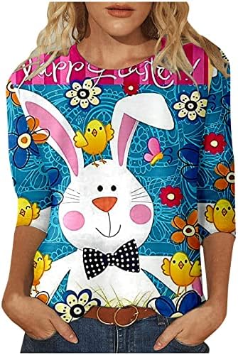 Симпатична зајак графичка мета за жени моден лето обичен екипаж 3/4 ракав Велигденски кошули Топ