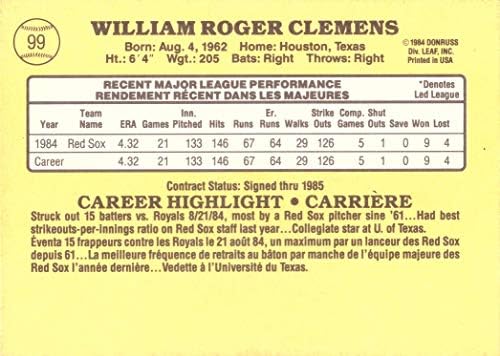 1985 Лисја Бејзбол 99 Роџер Клеменс дебитантска картичка