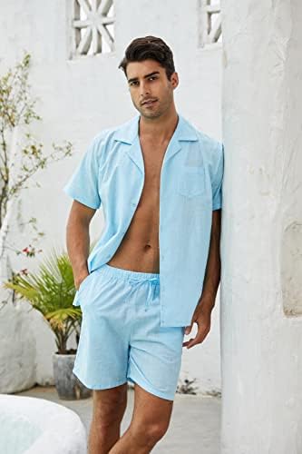 Fenxxxl Машка постелнина поставува облеки 2 парчиња моден краток ракав копче надолу од шорцеви поставува облека за летни облеки
