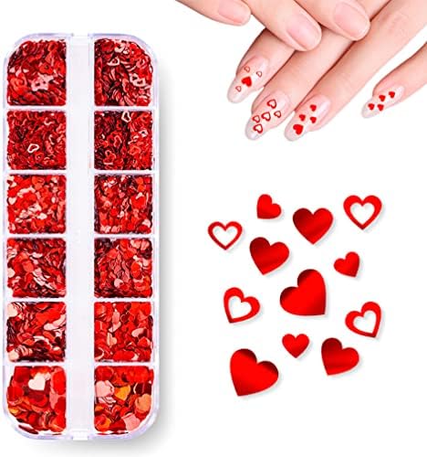 Срцеви лакови за срцев нокти сјајни холографски мешани црвени loveубов кон Денот на вineубените, сјајни снегулки за нокти за