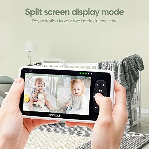 Бонох Бебе Монитор со 2 Камери, 5 720p HD Сплит-Екран Видео Бебе Монитор Со Камера И Аудио Без WiFi, Ноќно Гледање, 22h Батерија 4X Зум