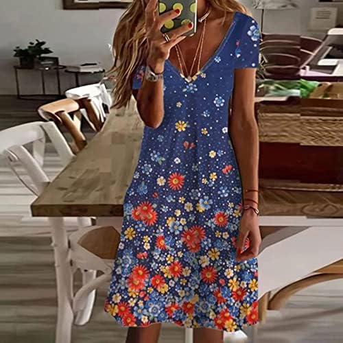 Womenените се облекуваат обични, ресрати за жени слатки цветни кратки ракави против вратот лежерен лабав фир фустан од плажа Мини фустан маица