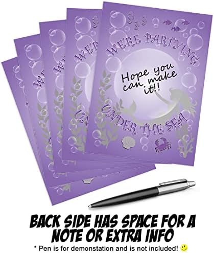 Покани За Забава На Сирена Од цигански Жад - Големи 5 х 7 Виолетови Покани Под Морето-15 Покани + 15 Пликови Од Лаванда + Вклучени 15