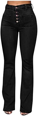 Женски плус големина на брановидни фармерки со големината на bellвончето со големи класични класични подигање со високи половини, панталони