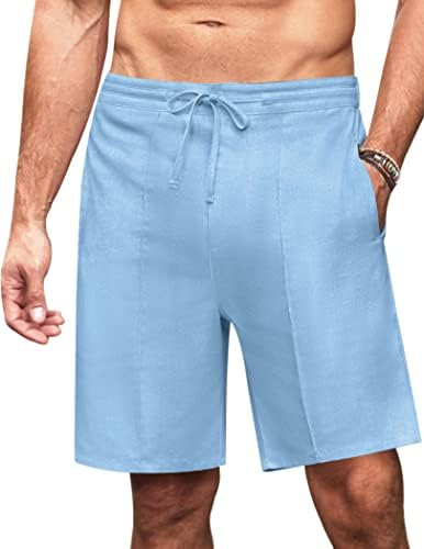 Coofandy Men's Casual Sharts Linen Постелнини рамни предни шорцеви Еластични половини летни шорцеви на плажа