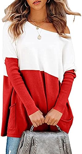 Женски џемпер 2023 година од врвовите на рамото плетени џемпер со долг ракав блокирајќи го џебот пуловер врвни секси џемпери