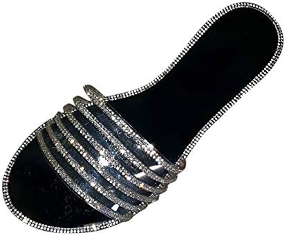 Сјајни сјајни слајдови сандали за жени летни жени влечки модни кристални рамни дами ретро чевли сандали обични женски палки