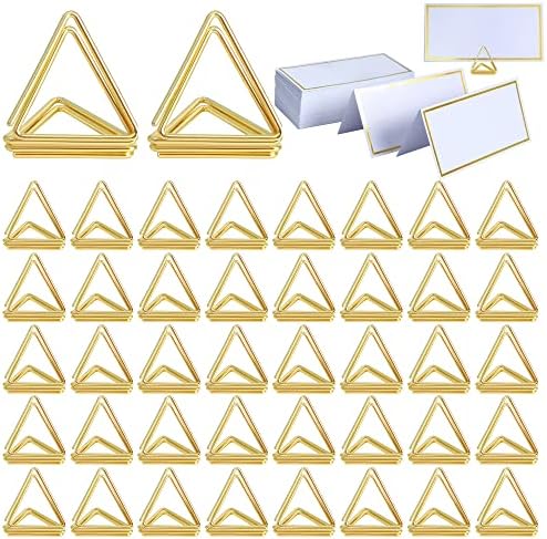 Носител на картички за топло место, 50 мини триаголник во форма на свадбена табела број и картички со граница на злато фолија, знак