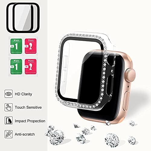 Dolicer 2 пакет Apple Watch Case компатибилен за серија SE/6/5/4 со заштитено стакло заштитник на екранот 44мм, компјутерски заштитен поклопец на лице IWATCH Bumper со Bling Crystal Diamond Diamond