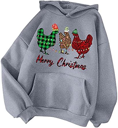 Женски дуксери обични преголеми џемпери со долги ракави, смешни Божиќни санта шапка кокошка печатена пулвер врвот со џебови