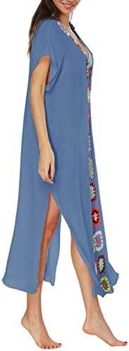 Женско Летно Прикривање Кимоно Цветни Плетени Фустани Со Макси Шлиц Длабок V Врат Фустан Со Кратки Ракави Течен Видете Низ Фустанот