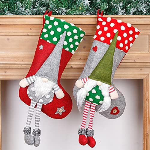 Fonzci 2 пакувања Божиќни чорапи Шведски гном со долги нозе камин виси чорапи 3Д кадифни Божиќни чорапи за празници Божиќни парчиња украси