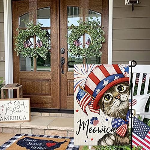 Крунисана убавина 4 -ти јули Патриоктичка мачка градина знаме 12х18 инчи двострана за надвор од денот на спомен -обележјето добредојде