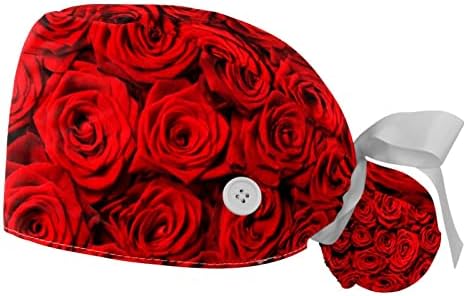 Yidax 2 парчиња црвена роза цветна шема работна капа со копчиња и вратоврска со лента за долга коса