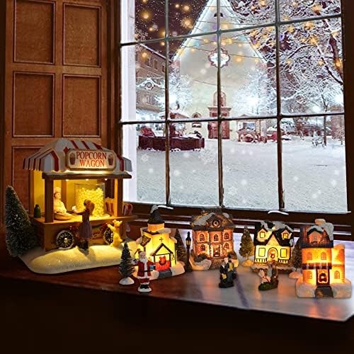 Божиќни селски куќи осветлени сет за декор за домови