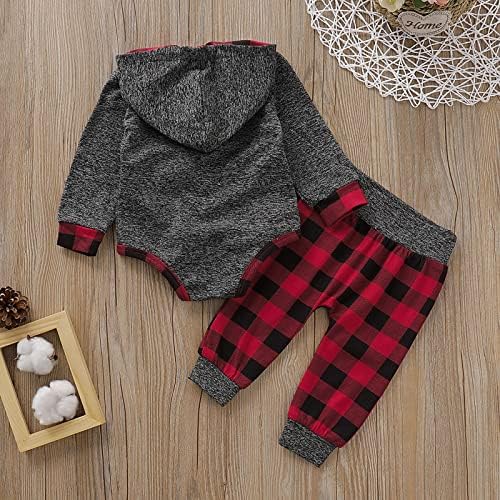 Облека за новородено момче Одасира есен зимски новороденчиња облеки со долги ракави ромпер + црвени карирани панталони сет