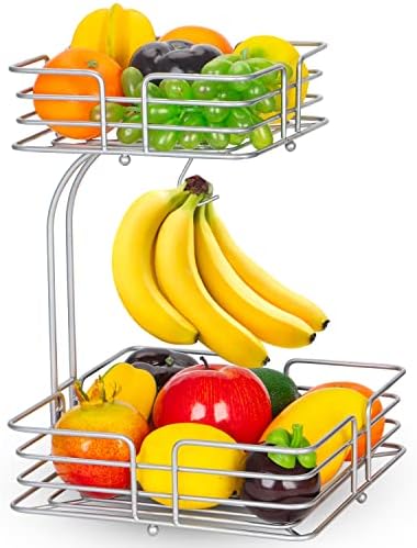 Kufutee 2 Tier countertop Овошна корпа, складирање на садови со зеленчук со закачалка за банана, лизгање