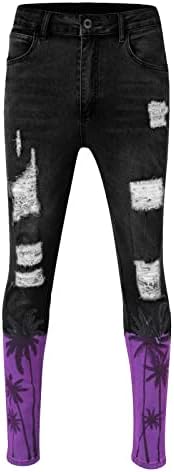 Панталони за машки машки случајни хип -хоп спорт со високи тесни печати за печатење полирано бело искинато вклопено патент чорап момче