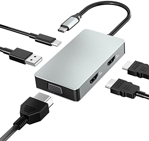 Лаптоп Докинг Станица Двојна Монитор, USB Тип Ц За Видео Мултипорт Адаптер, 5 ВО 1 USB-C Центар Со Двојна HDMI, VGA, USB 3.0,