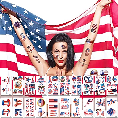 4 јули Привремени Тетоважи, 20 Листови Сад Знаме Тетоважи, Американско Знаме Црвено Бело Сино Тетоважи Налепници, Денот На Независноста Тетоважа