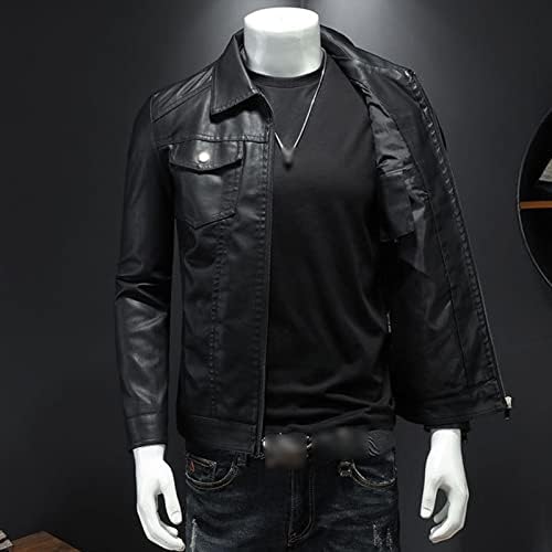 МАИИФУ-ГЈ Гроздобер кожен јакна од машка кожна јакна со долги ракави со моторцикл палто Пу Лапел Слаби тенок јакни