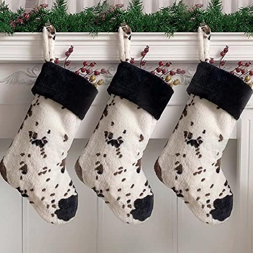 Vanteriam 3 Pack персонализирани кравјо печатење Божиќни чорапи, големи чорапи за печатење на крави за животни за семејни празници Божиќни