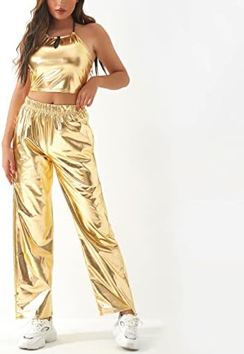 Odizli жени сјајни метални метални високи половини затегнати панталони за џогер, холографски хип -хоп -клуб носат улична облека