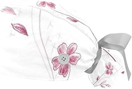 Работна капа со копчиња и врски со лента за жени 2 пакувања, едноставен цвет прилагодлив унисекс хируршки капачиња за чистење капа