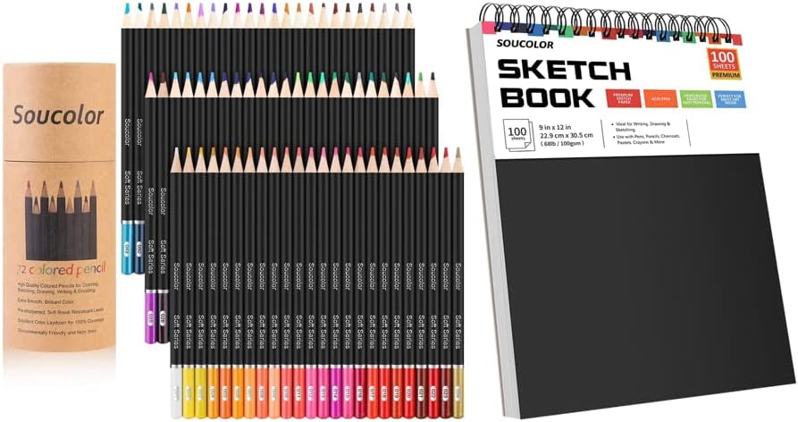 Соколор 72-бои во боја на моливи со скициска книга со суколор 9 x 12