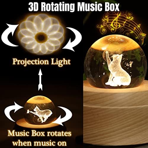 Xiyouqi 3D Music Box Crystal Ball со проекција LED светло и ротирачка дрвена база ноќно светло, најдобар подарок за Денот на мајката