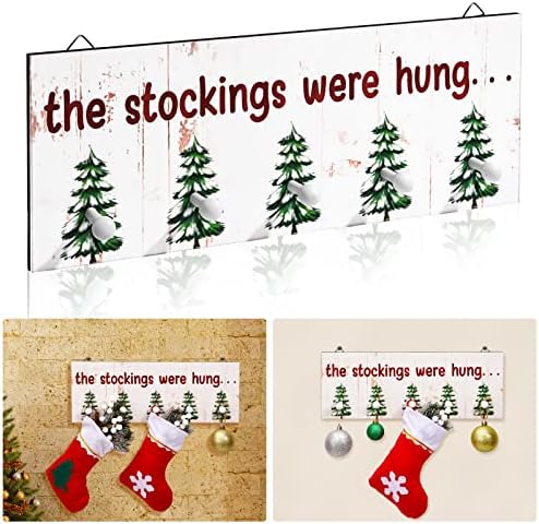 Божиќно држач за порибување со 5 куки, чорапите беа обесени дрвени знаци Божиќни дрвени порибници, рустикален порибување wallид, висин