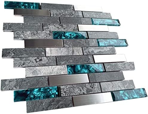 Hominter 11-листови стаклена камен и метална мозаик линеарна wallидна плочка, сива мешана сина и сребрена, четкана од не'рѓосувачки