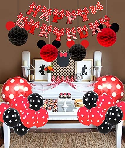 Цртани филмови за забава со глувчето за време на црвени и црни уши Среќен роденден Банер Полка Дот Балони Поставени за украси со