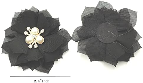 Yoogcorett 10 парчиња црни мали шифонски ткаенини цвеќиња Rhinestone цвеќиња со мониста Кластер цвеќиња лакови за DIY занаетчиски